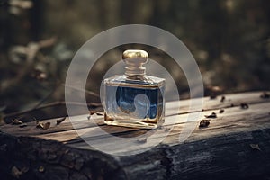 A bottle of blue perfume in an outdoor setting sitting on a wood. Ai generated