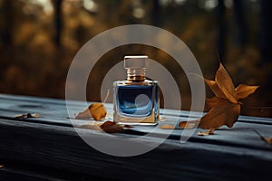 A bottle of blue perfume in an outdoor setting sitting on a wood. Ai generated