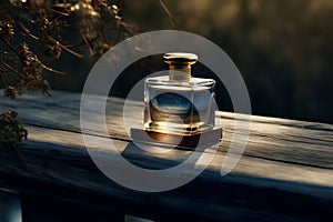 A bottle of blue perfume in an outdoor setting sitting on a wood. Ai generated