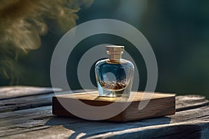 A bottle of blue perfume in an outdoor setting sitting on a wood. Ai generated