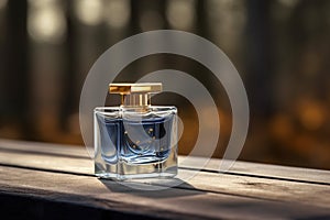 A bottle of blue perfume in an outdoor setting sitting on a wood. Ai generated