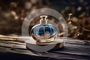 A bottle of blue perfume in an outdoor setting sitting on a wood. Ai generated