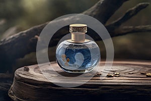 A bottle of blue perfume in an outdoor setting sitting on a wood. Ai generated