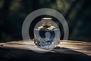 A bottle of blue perfume in an outdoor setting sitting on a wood. Ai generated