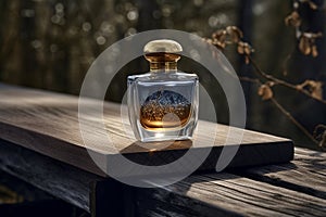 A bottle of blue perfume in an outdoor setting sitting on a wood. Ai generated