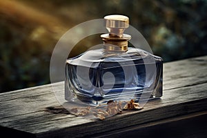 A bottle of blue perfume in an outdoor setting sitting on a wood. Ai generated
