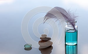 A bottle of blue scented oil and a sticking bird feather.