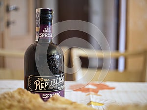 Bottle of Bozkov Republica Espresso rum alcohol on a table