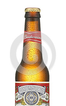 BOTTLE OF BUDWEISER BEER COVERED WITH WATER DROPLETS