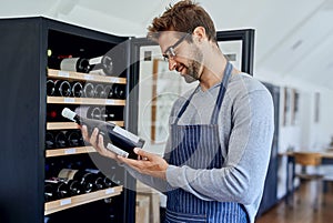 Bottle, cafe and man at wine shelf for selection, choice and luxury hospitality at bistro. Reading, alcohol label and