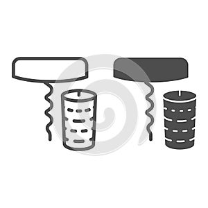 Bottle cap and corkscrew line and solid icon. Wine bottle opener and cork outline style pictogram on white background