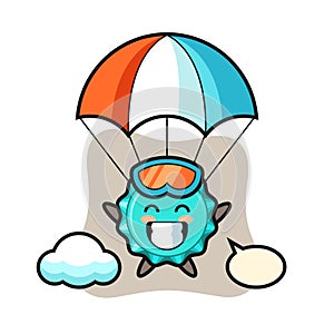 Bottle cap mascot cartoon is skydiving with happy gesture