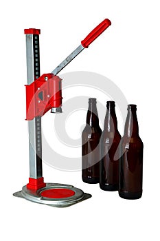 Bottle Cap Press and Bottles for Homebrew Beer
