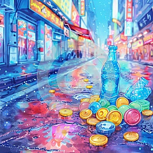 Bottle caps scatter under neon signs in a digital representation of environmental calamity photo