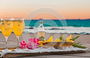 bottle of champagne on a beach with two glasses full on a romantic evening on beach