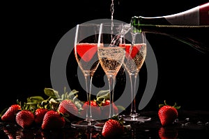 A bottle of champagne is being poured into three glasses of wine, creating a celebratory atmosphere, Champagne being poured into