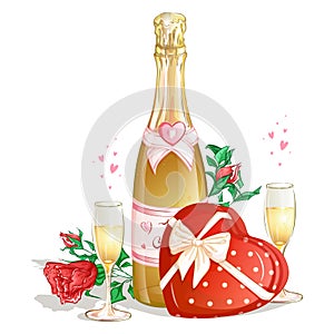 A bottle of champagne with a box of chocolates two glasses of wine and red roses.