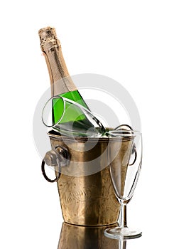 Bottle champagne in bucket and goblets