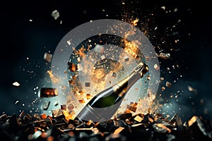 bottle of champagne on a dark background with golden splashes