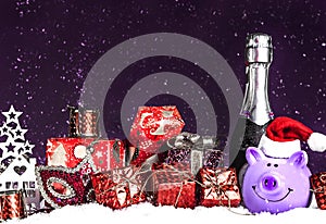 Bottle of champagne, decorative Christmas gifts, purple pig