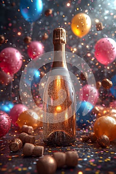 A bottle of champagne with an empty label, on a festive background with balloons