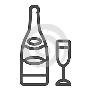 Bottle of champagne with flute glass line icon, winery concept, sparkling wine vector sign on white background, outline