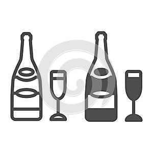 Bottle of champagne with flute glass line and solid icon, winery concept, sparkling wine vector sign on white background