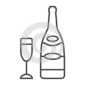 Bottle of champagne with flute glass thin line icon, winery concept, sparkling wine vector sign on white background