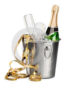 Bottle of Champagne and Flutes in Ice Bucket