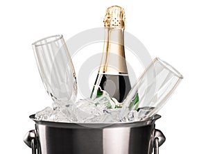 Bottle of Champagne and Flutes in Ice Bucket