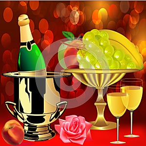 Bottle champagne fruit rose and goblets