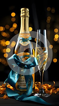 Bottle, champagne and glass with bow in the background bokech effect. New Year\'s fun and festiv