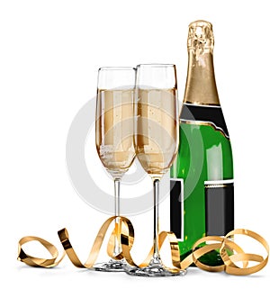 Champagne Bottle and Flutes with Streamer