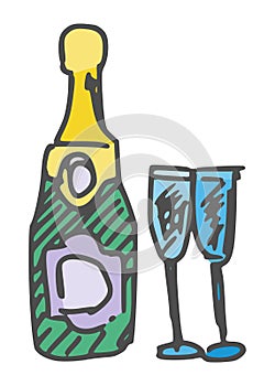 a bottle of champagne and glasses a simple vector