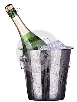 Bottle of champagne in ice bucket