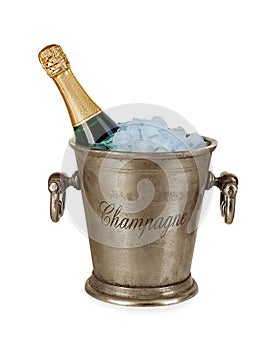 Bottle of champagne in ice bucket