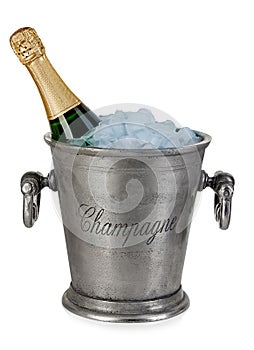 Bottle of champagne in ice bucket