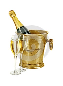 Bottle of champagne in ice bucket