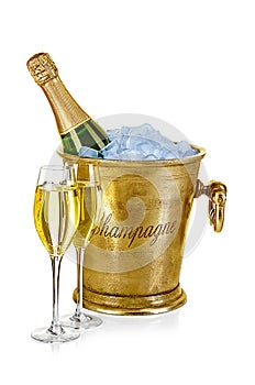 Bottle of champagne in ice bucket