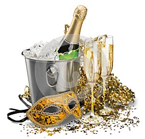 Bottle of Champagne in Ice Bucket with Flutes