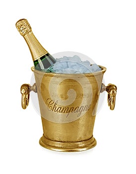 Bottle of champagne in ice bucket