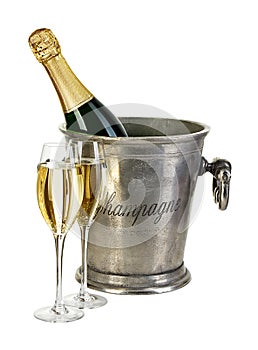 Bottle of champagne in ice bucket