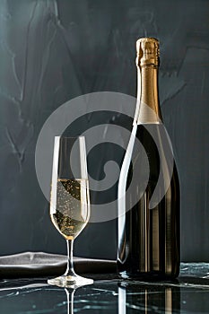 A bottle of champagne next to a wine glass
