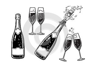 Bottle of champagne and pair of glasses. Popping bottle with cork flying out. Black and white hand drawn vector illustration