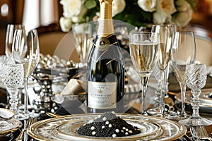 A bottle of champagne sits elegantly on a table, ready to be popped for a joyous celebration, A lavish table set with fresh Beluga