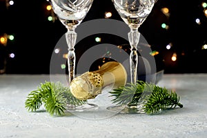 a bottle of champagne and two glass glasses with fir twigs on legs on a black background with lights