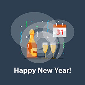 Bottle of champagne and two glasses, calendar with number 31, new year celebration, night party, vector illustration