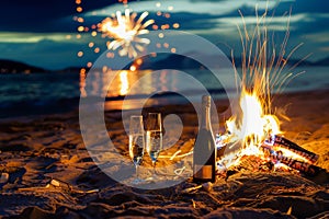 Bottle of champagne and two glasses next to a bonfire on the beach with fireworks in the sky. Concept of Noche de San Juan and photo