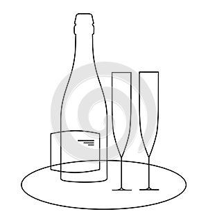 Bottle of champagne and two glasses on a tray. Still life for a date. Line illustration