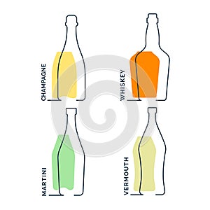 Bottle champagne whiskey martini vermouth continuous line in linear style on white background. Black thin outline and color fill.